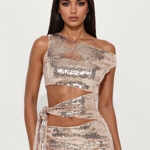 Fashion Nova Rose Gold One-Shoulder Sequin Cutout Dress